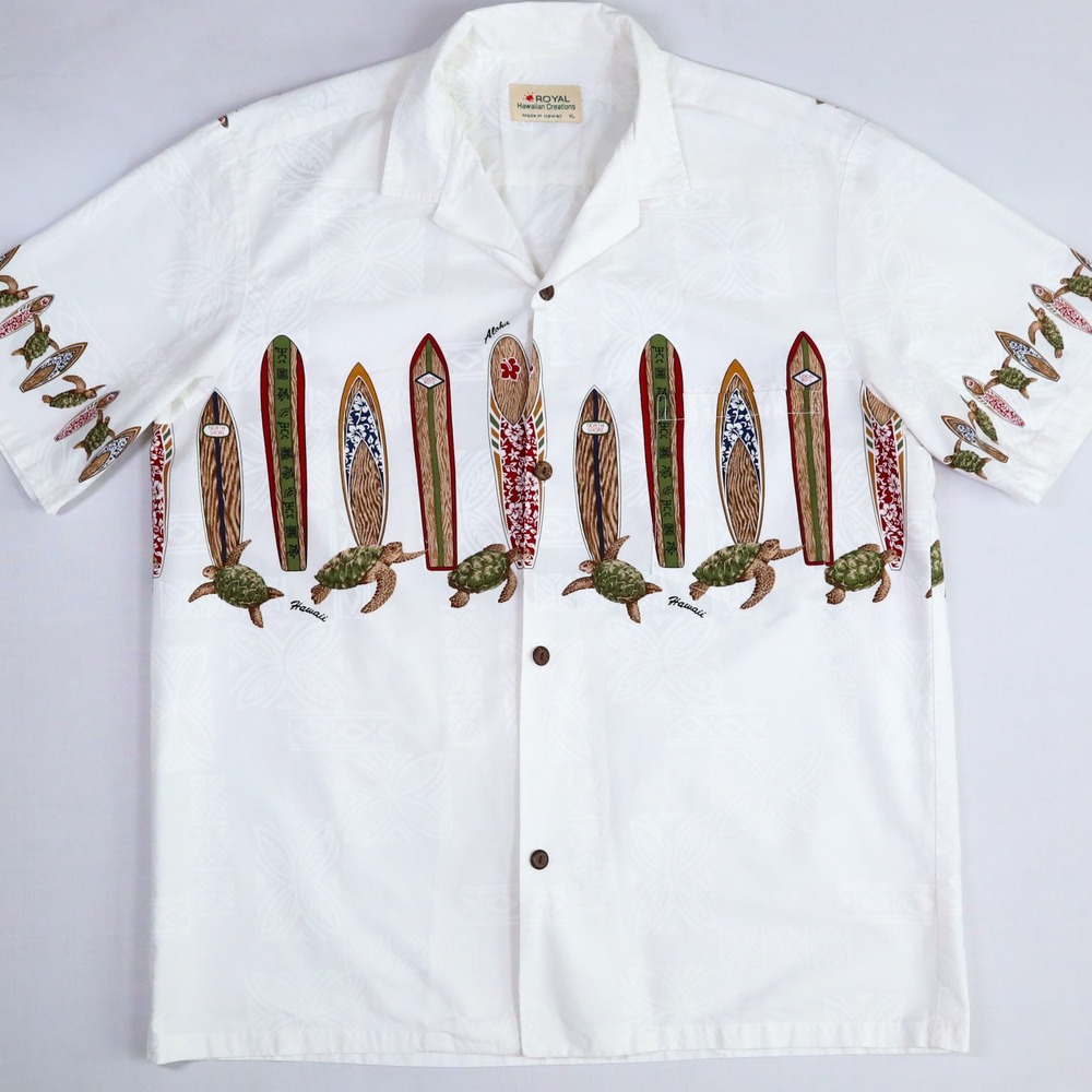 Vintage Royal Hawaiian Creations‎ Shirt Mens XL White Surfboard Turtle Aloha Top